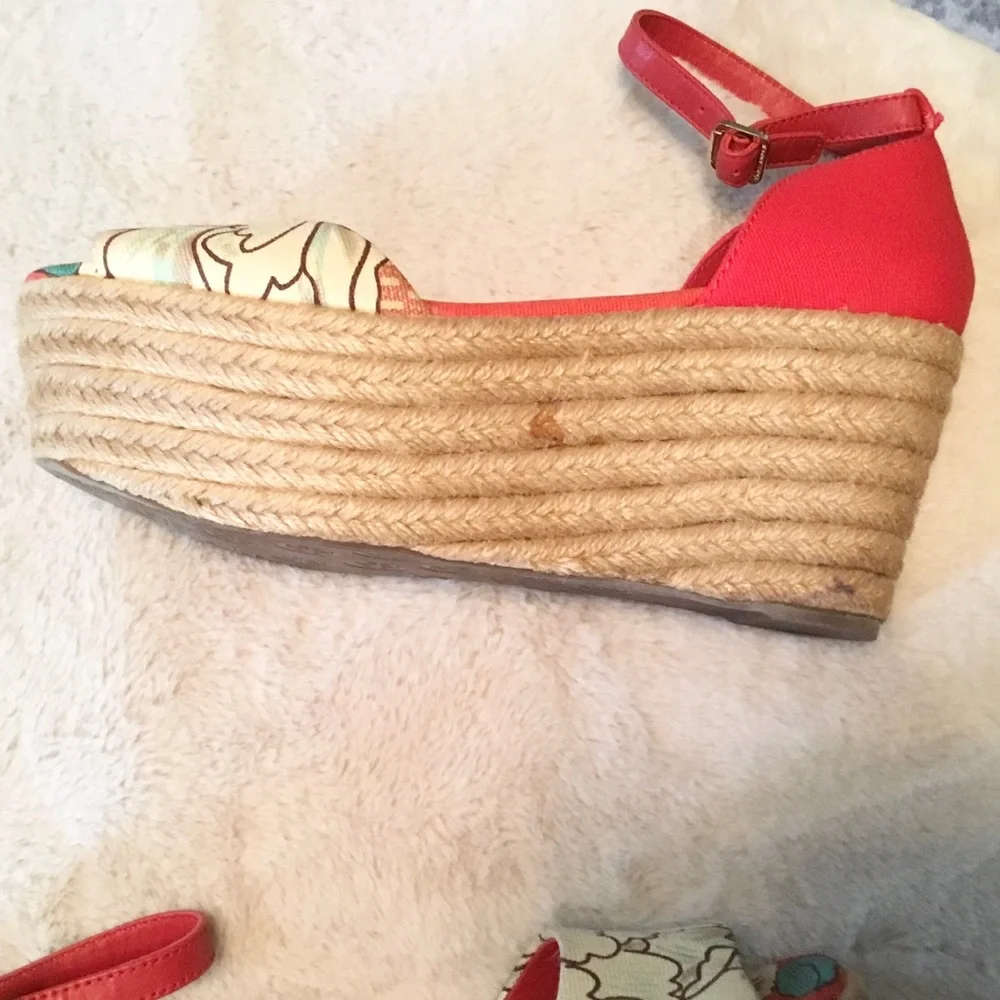Tory Burch Sherri Red & Cream Floral Platform Ankle Strap Espadrilles - 10